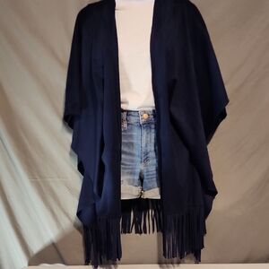 White House Black Market Blue Knit Cape with Fringe